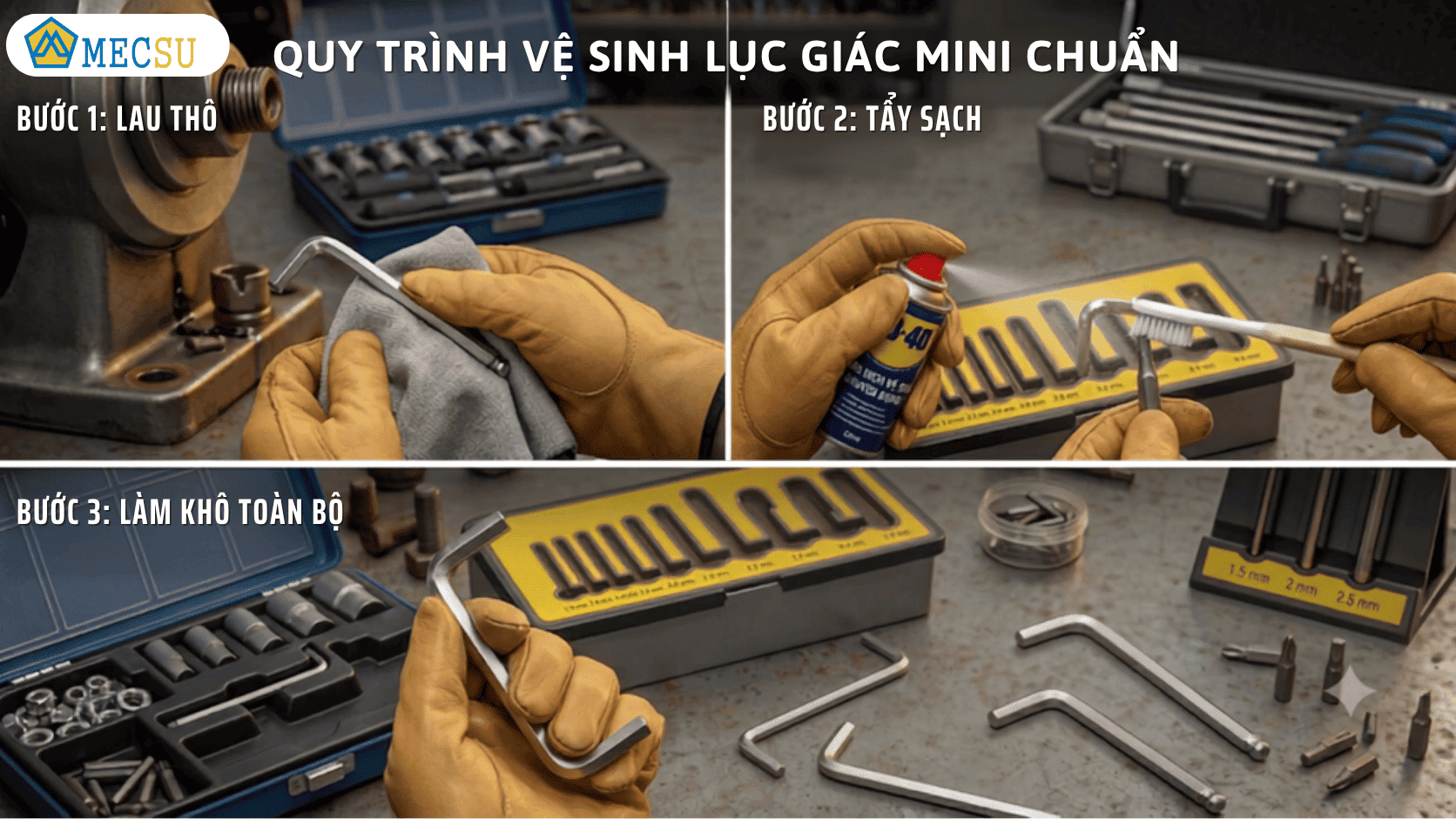 Quy trình 3 bước vệ sinh và lau chùi bộ lục giác